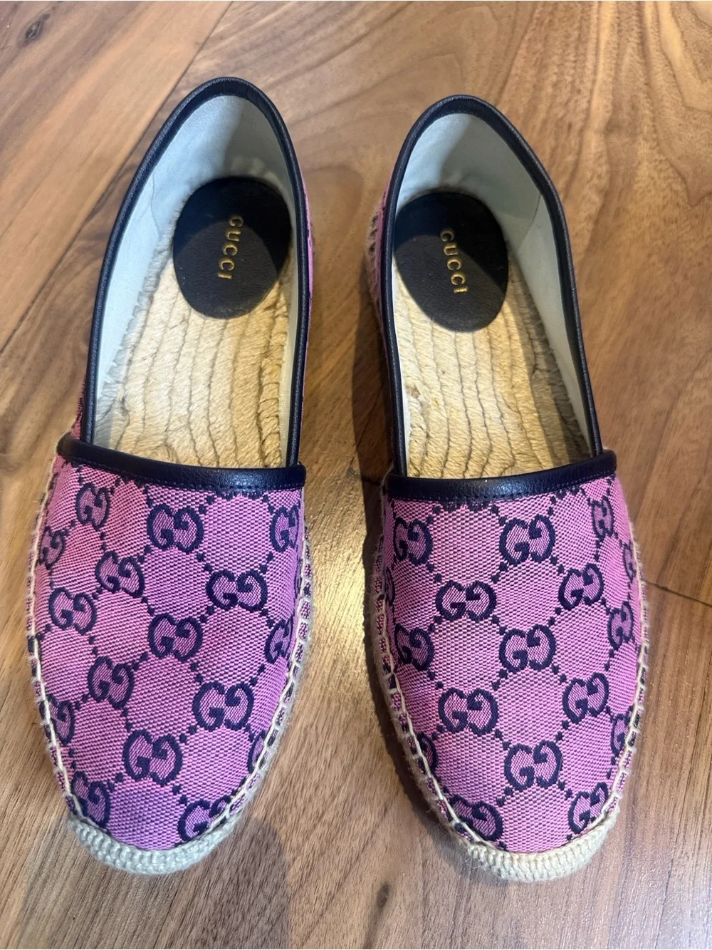 Gucci Pink GG Canvas Espadrilles with Black Trim